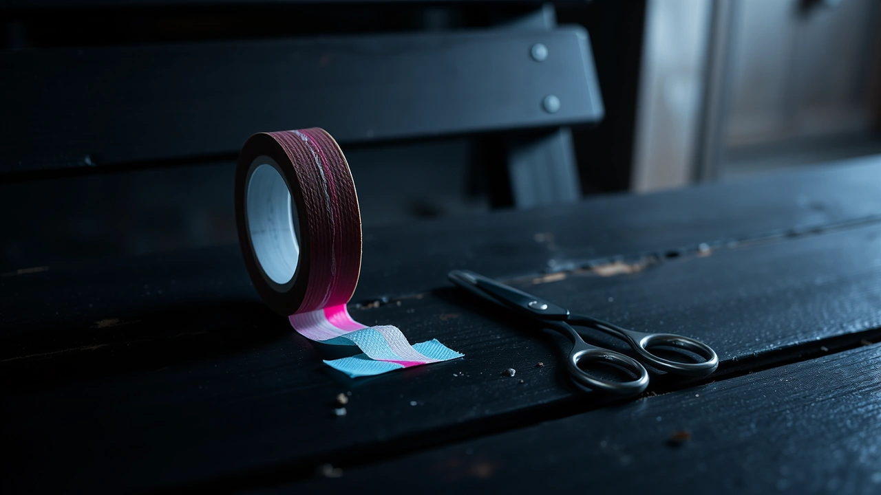 A roll of kraft paper tape standing on its edge on a dark charcoal wooden bench at night, a short torn strip of tape lying flat in front of it, and a pair of small steel scissors beside the strip, one cool light from the upper left.