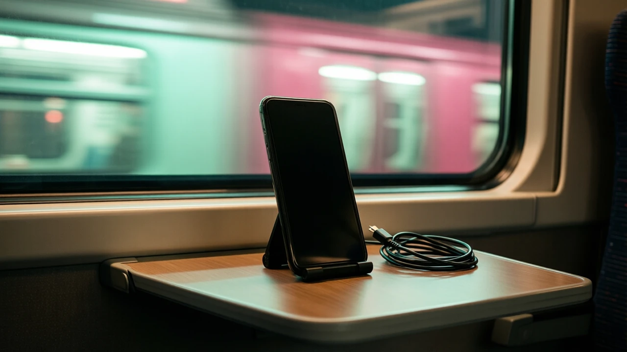 A smartphone standing upright in a small black stand on the narrow table of a night train, its glass dark and blank, the carriage window behind it streaked with blurred station lights in mint green and rose pink, a coiled charging cable lying beside the stand.