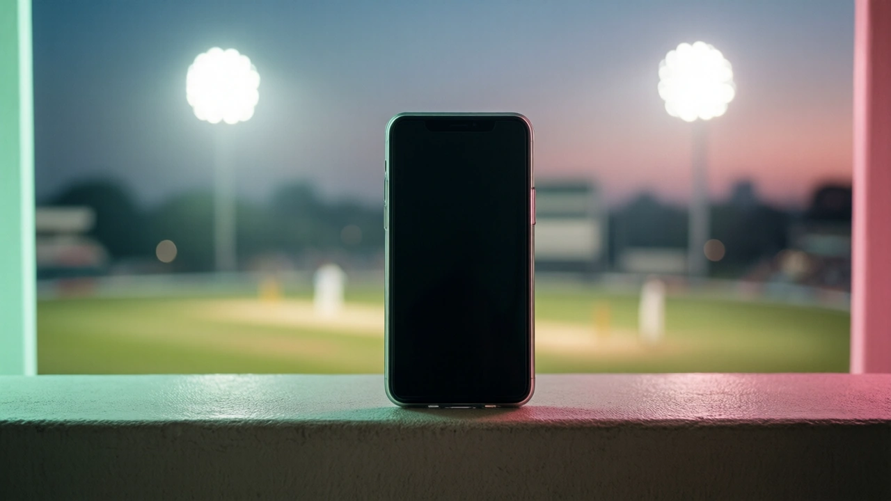 A smartphone resting upright against a concrete balcony ledge at dusk with its glass dark and blank, far behind it the floodlights of an evening cricket ground blurred into large soft discs of white light, a faint mint green glow along the left edge of the frame and a faint rose pink glow along the right.
