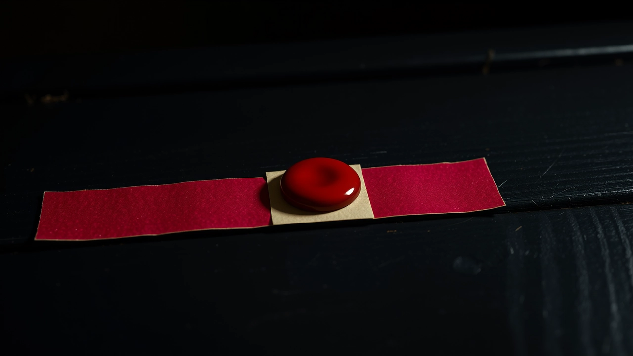 Three strips of kraft paper tape laid side by side on a dark charcoal wooden bench at night with an even gap between them, a single round blob of dark red sealing wax pressed onto the middle strip, glossy and perfectly smooth like set honey, one cool light from the upper left.