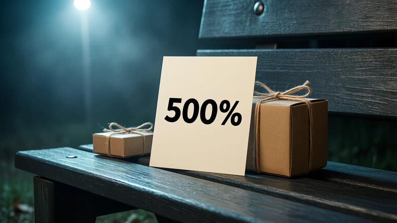 A flat cream card standing upright on a dark charcoal wooden bench at night, facing the lens and printed with the single line 500% in heavy black type, a small cardboard box beside it tied with kraft paper tape, one cool light from the upper left.