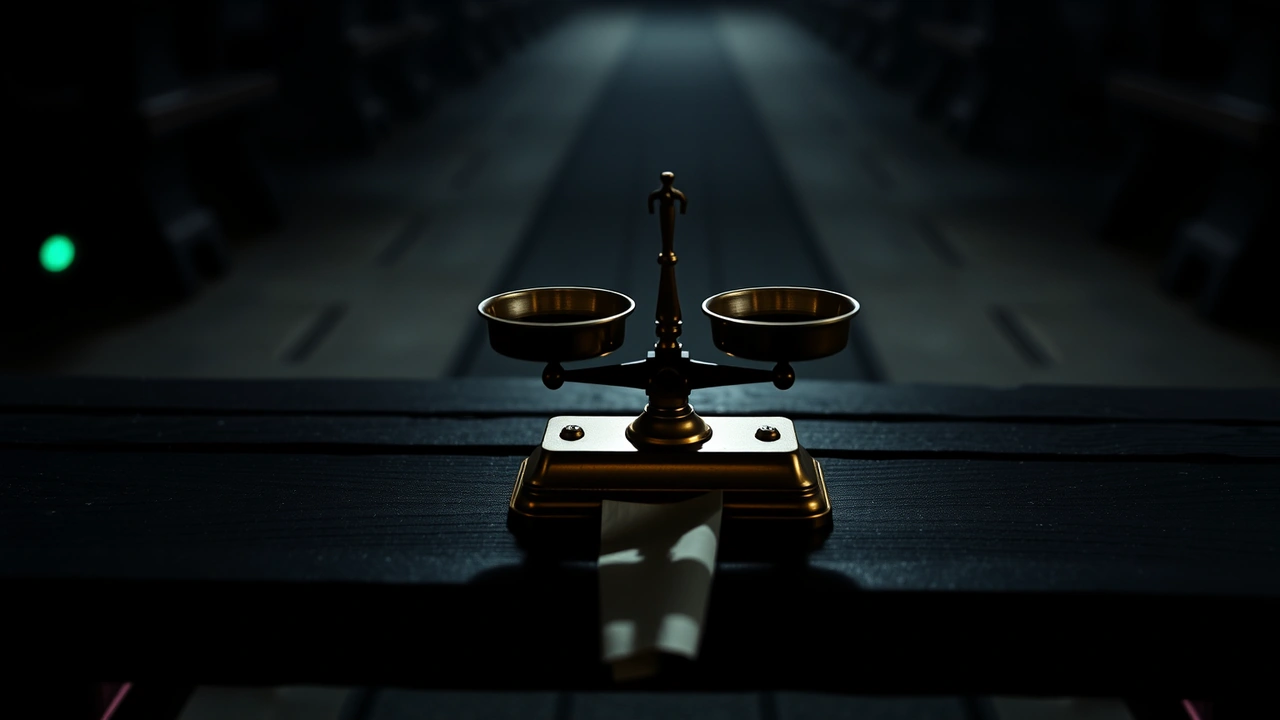 A small brass balance scale with two empty pans standing on a dark charcoal wooden bench at night, a folded paper note tucked under its base, one cool light from the upper left and a faint mint green glow at the left edge.