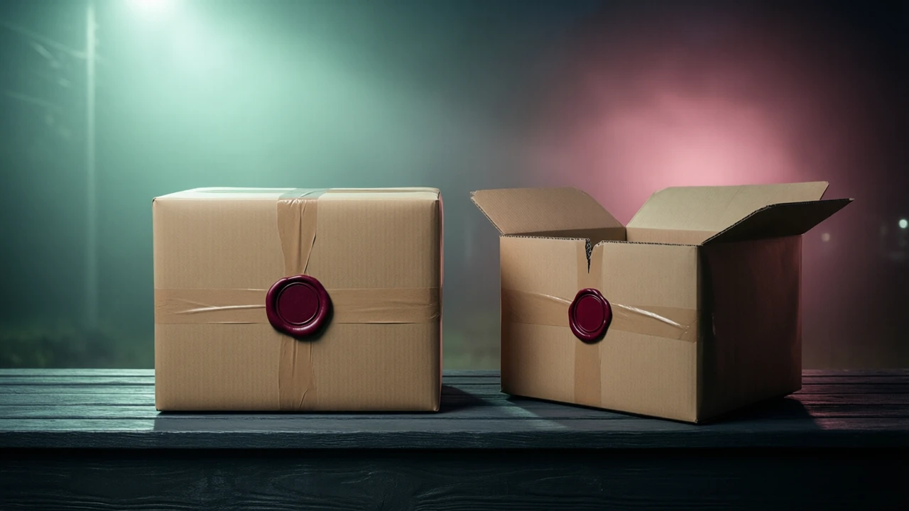 Two large cardboard parcels side by side on a dark charcoal wooden bench at night, the left parcel closed with one unbroken strip of kraft paper tape and a round dark red wax seal pressed across the seam, the right parcel with its tape slit open and its flaps lifted, a cool light from the upper left, a soft mint green glow behind the left parcel and a soft rose pink glow behind the right.