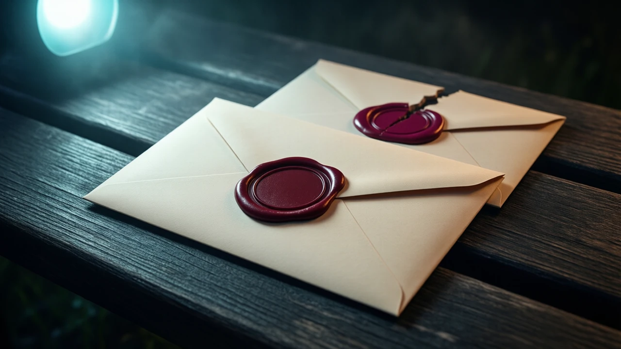 A cream paper envelope lying flat on a dark charcoal wooden bench at night, its flap closed with a large round seal of dark red sealing wax, the wax surface pressed smooth with a plain raised ring and no emblem, a second envelope behind it with its seal cracked in half, one cool light from the upper left.