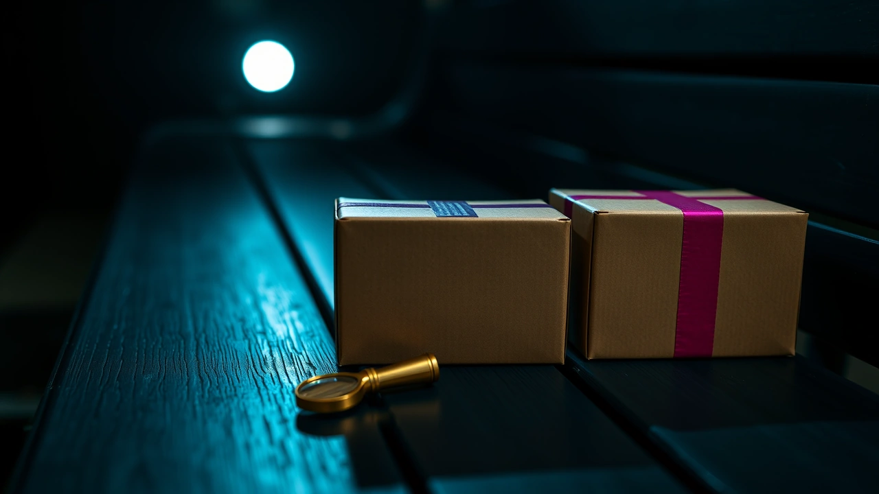 Three small cardboard boxes of slightly different sizes standing in a row on a dark charcoal wooden bench at night, each closed with its own strip of kraft paper tape, a brass magnifying loupe lying in front of the middle box, one cool light from the upper left.