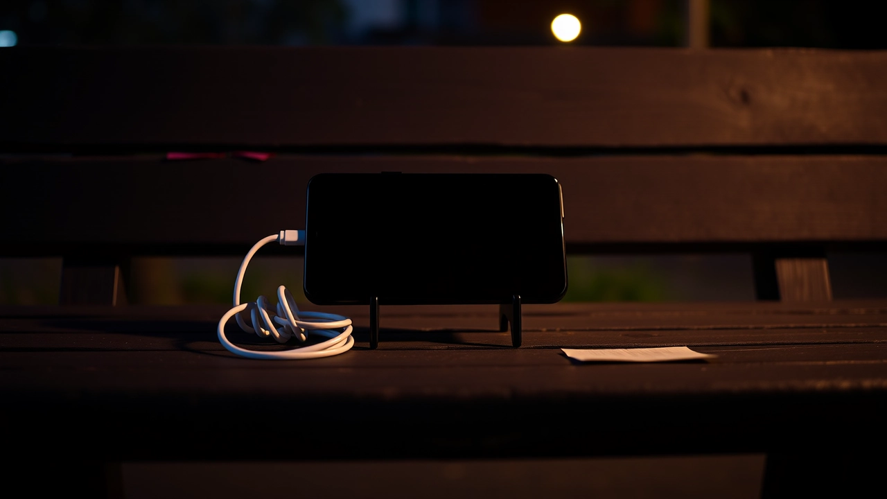 A small black phone stand standing empty on a dark charcoal wooden bench at night, a coiled white charging cable beside it and a short strip of kraft paper tape stuck flat to the bench, one cool light from the upper left.