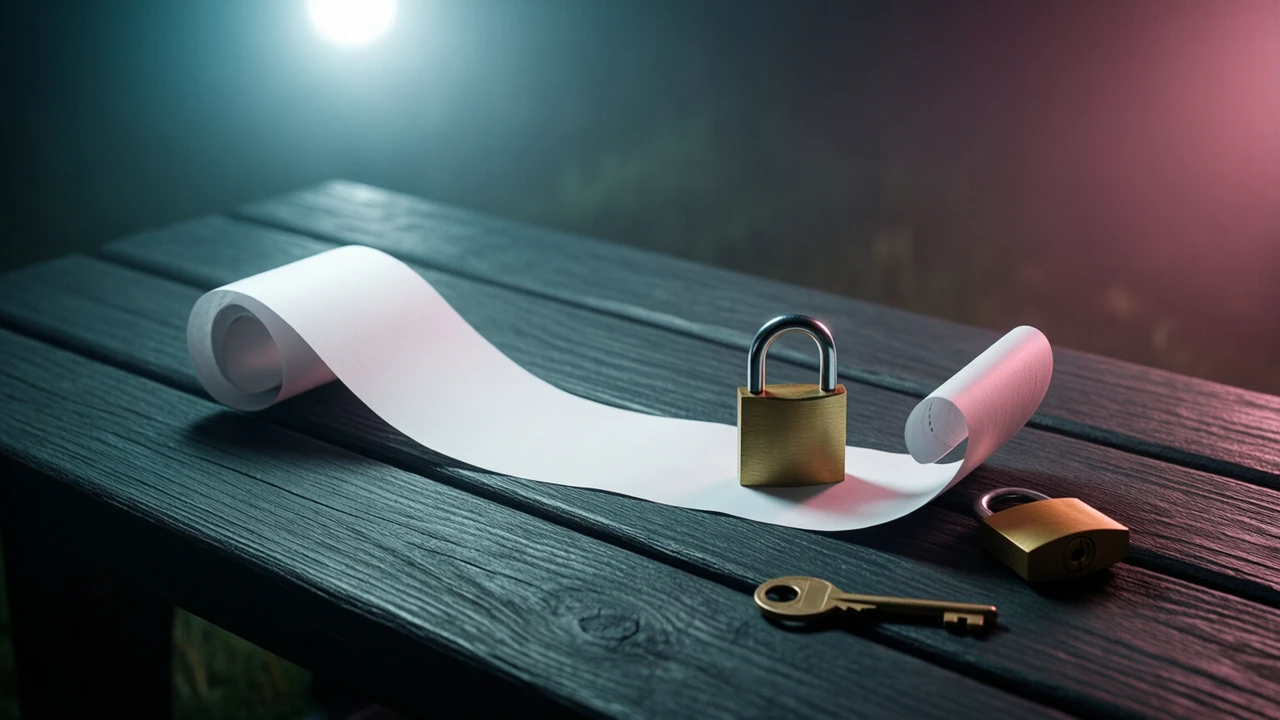 A long curling strip of blank white till receipt paper lying across a dark charcoal wooden bench at night, a closed brass padlock resting on one end of the strip and a single small brass key a hand's width away from it, one cool light from the upper left and a faint rose pink glow at the right edge.